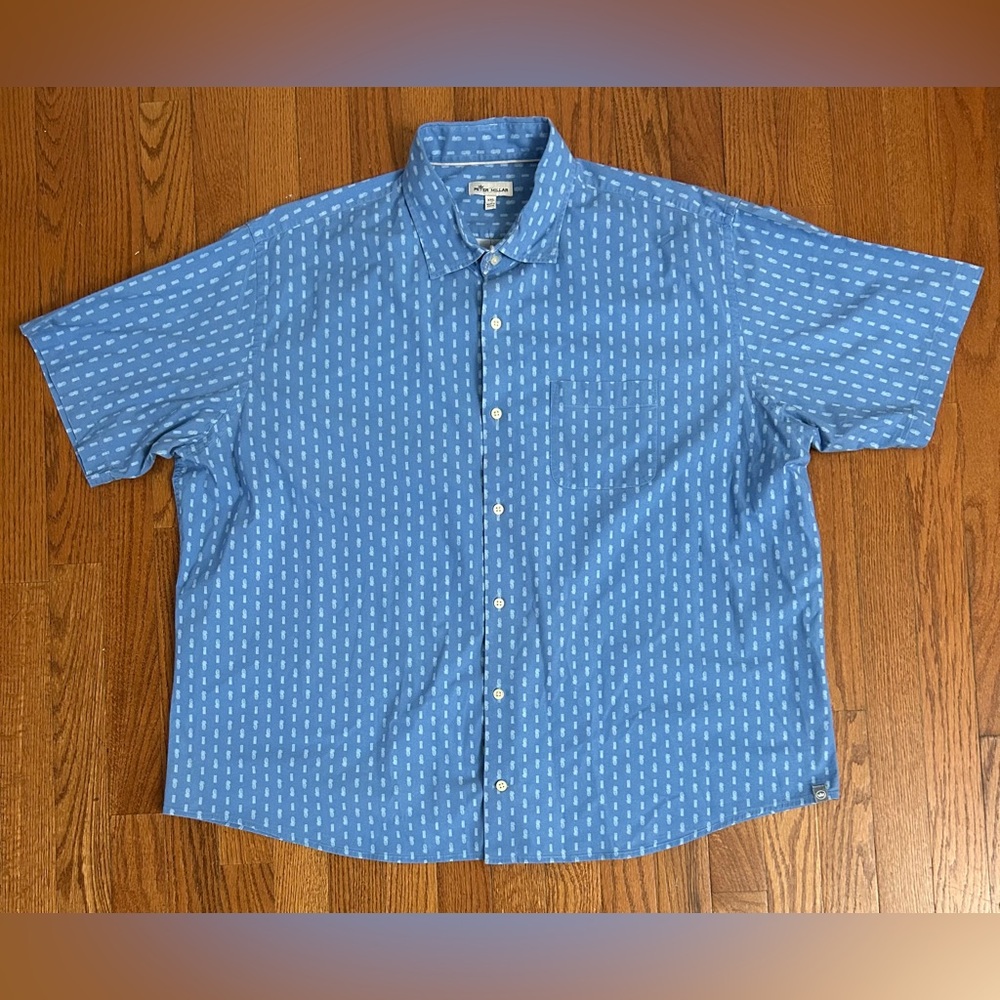 Peter Millar Skull Tiki Button Up Shirt‎ Men Sz XXL Blue Skull Print Classic Fit